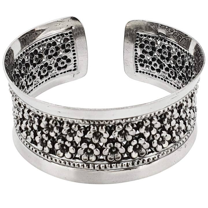 Massivt 925 sterlingsølv bredt blomstermanchetarmbånd for engroshandel hos VN Jewellery