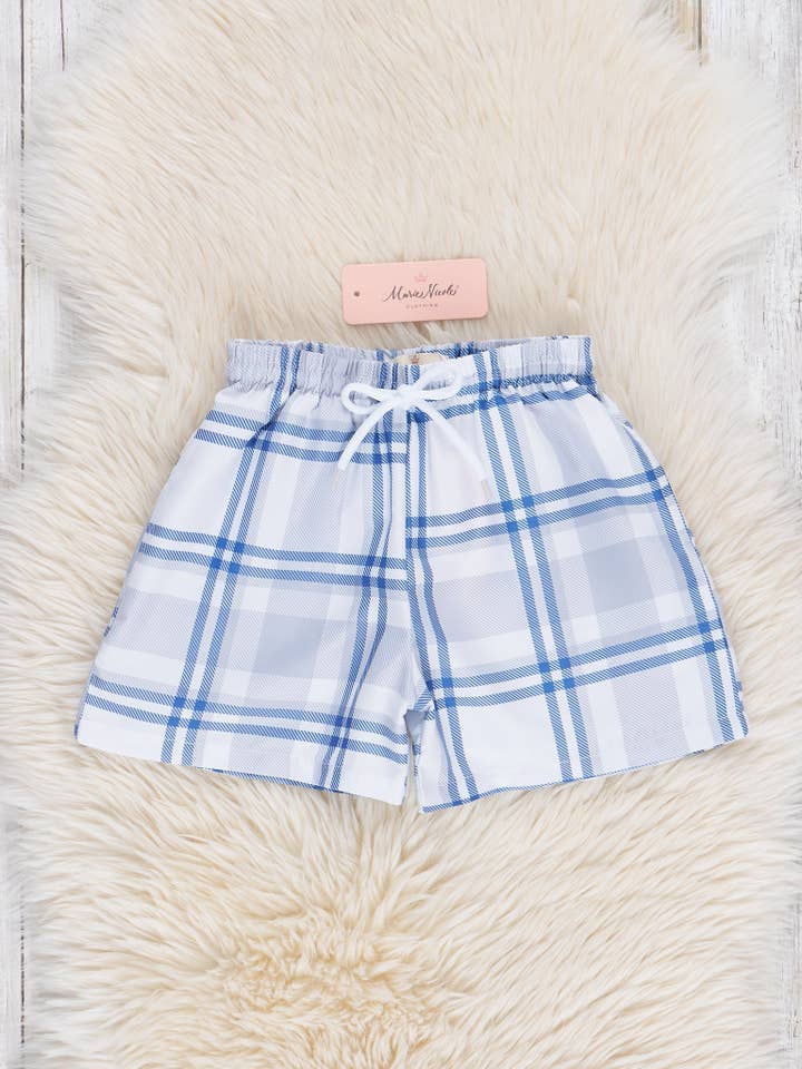 Marie Nicole Clothing - Wholesale Swim Shorts - Kids - Boys Plaid Swim Trunks Blue