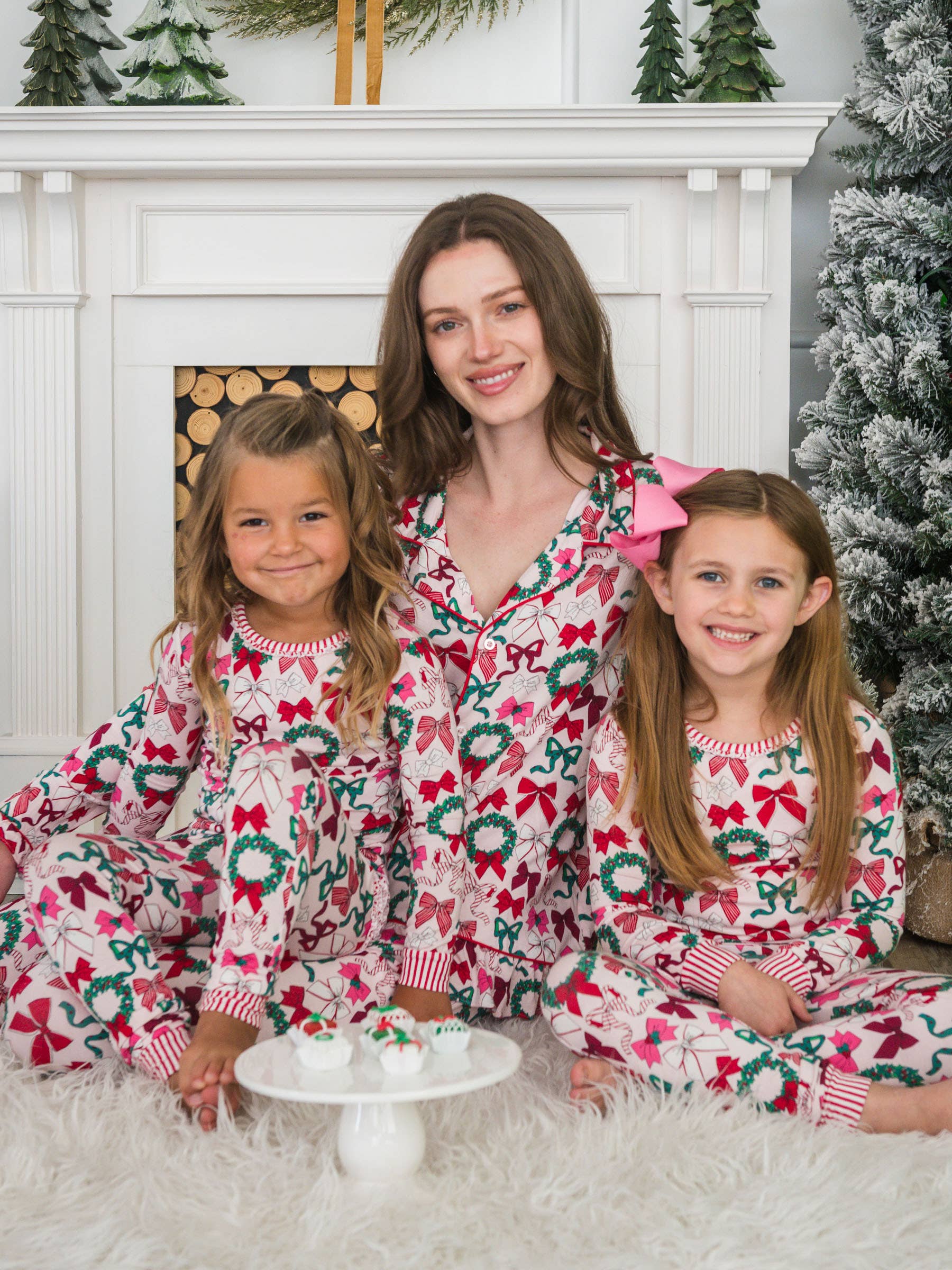 Pink SoftSnooze™ Girls Bamboo Viscose Holly Bows Ruffle Long Sleeve Pajama Set for wholesale on Faire6