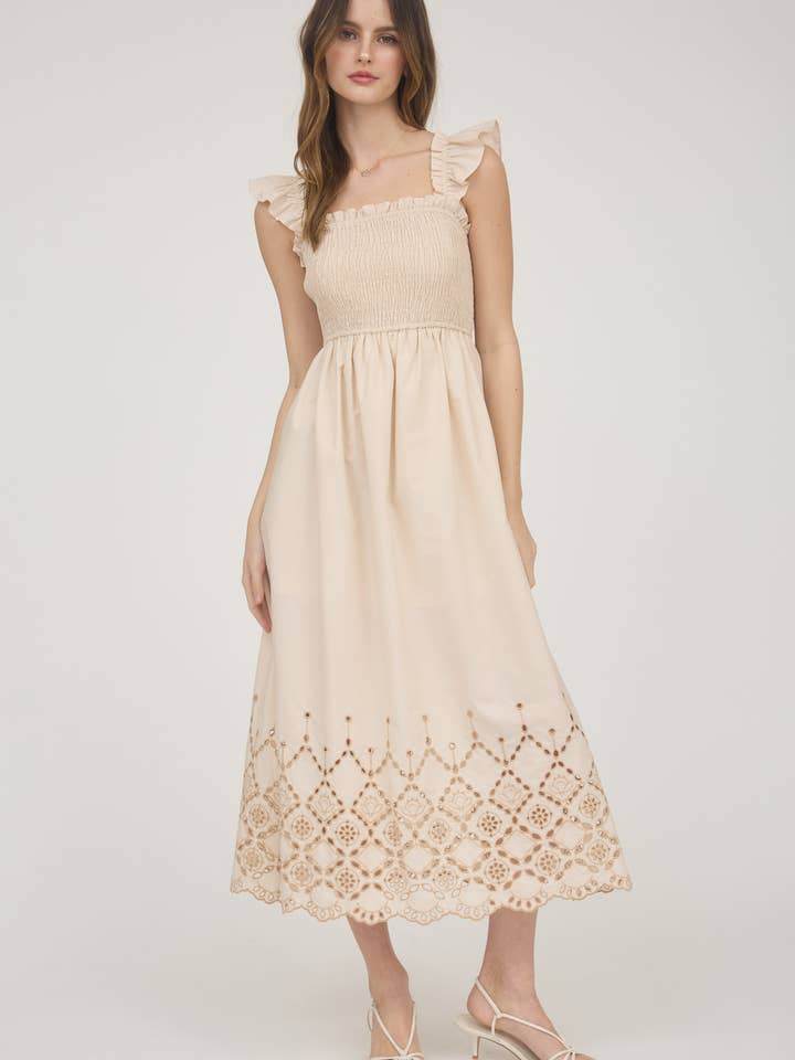 Blu Pepper - Vente Robe – femme - ROBE MIDI À OURLET BRODÉ ANGLAIS AVEC MANCHES VOLANTÉES SMOCKÉES