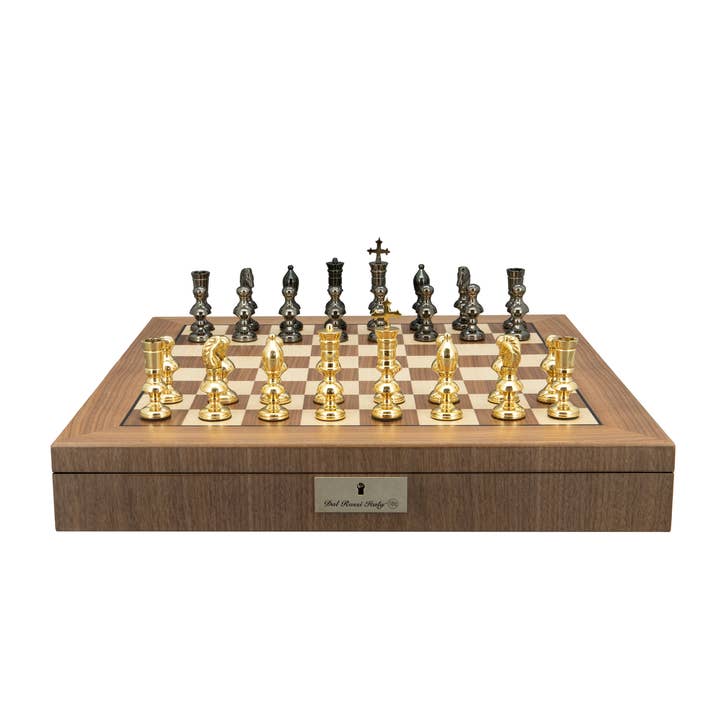 Titanium and Gold 110mm Chessmen with Walnut Inlaid Box for wholesale by Dal Rossi Italy
