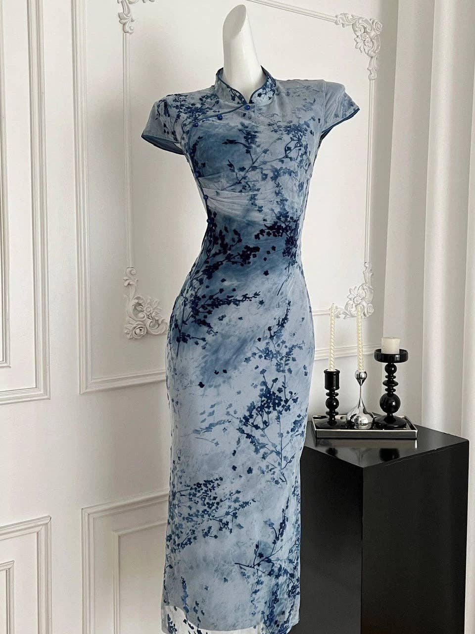 bleu Robe ombrée inspirée du qipao chinois pour femmes en vente sur Faire