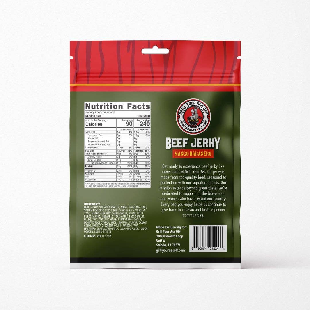 Grill Your Ass Off - Spices, Rubs, Seasonings, Sauces, Jerky - Wholesale Jerky - Mango Habanero Beef Jerky 3oz - Spicy Hot Fruit Snack Food1