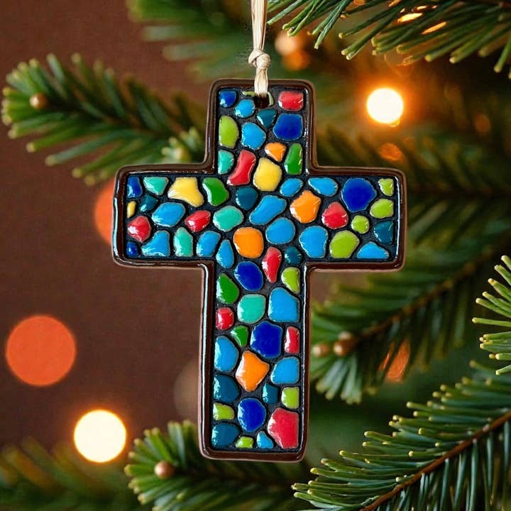 Colored “Pebbles” Ceramic Cross Artisanally Crafted Ornament for wholesale by Little Clay Hen