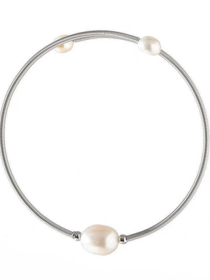 Freshwater Pearl Stainless Steel Silver Cuff Bracelets for wholesale by Greenwood Designs