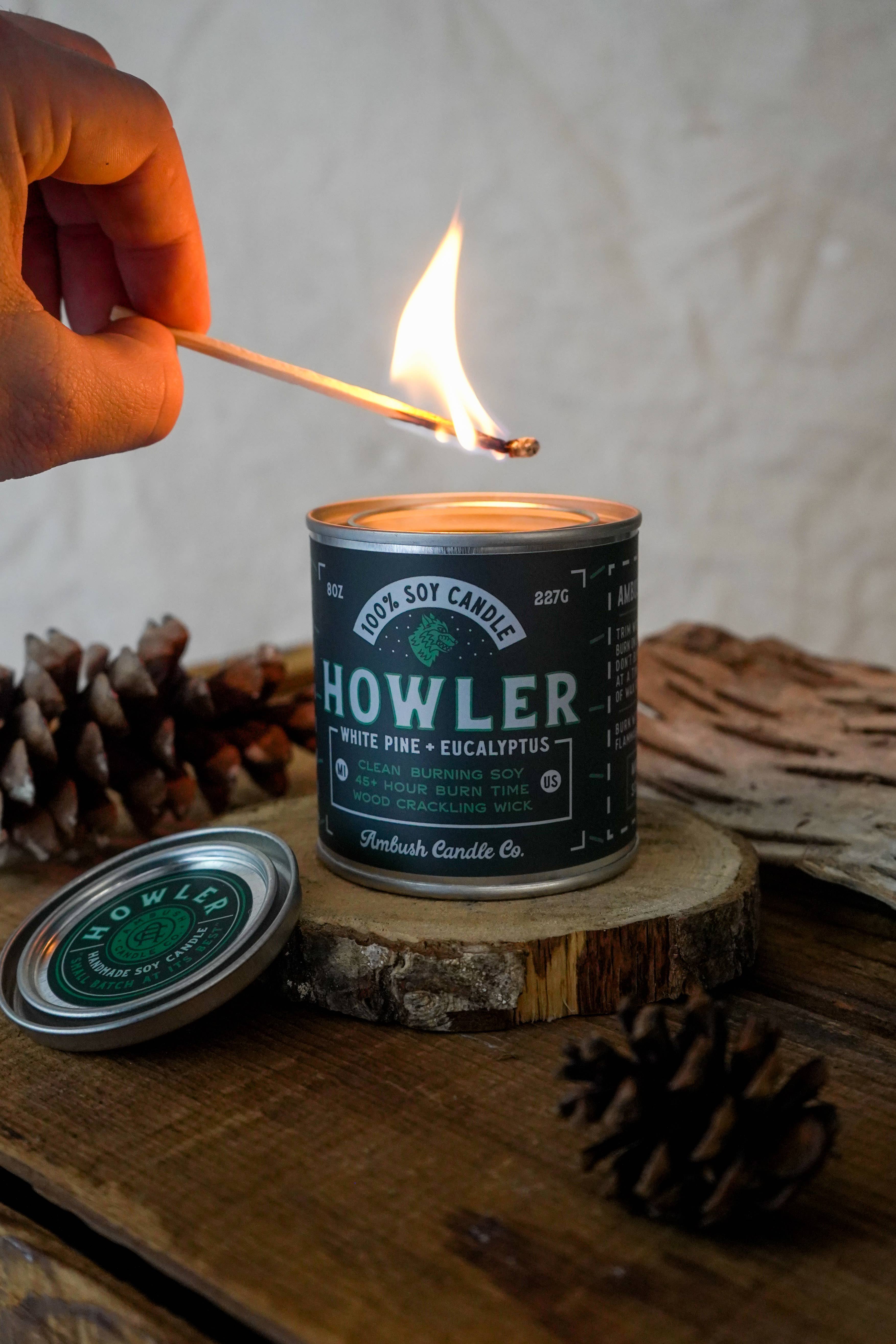Ambush Candle Co. - Wholesale Jar/Filled Candle - Howler | White Pine + Eucalyptus 8oz Soy Candle2