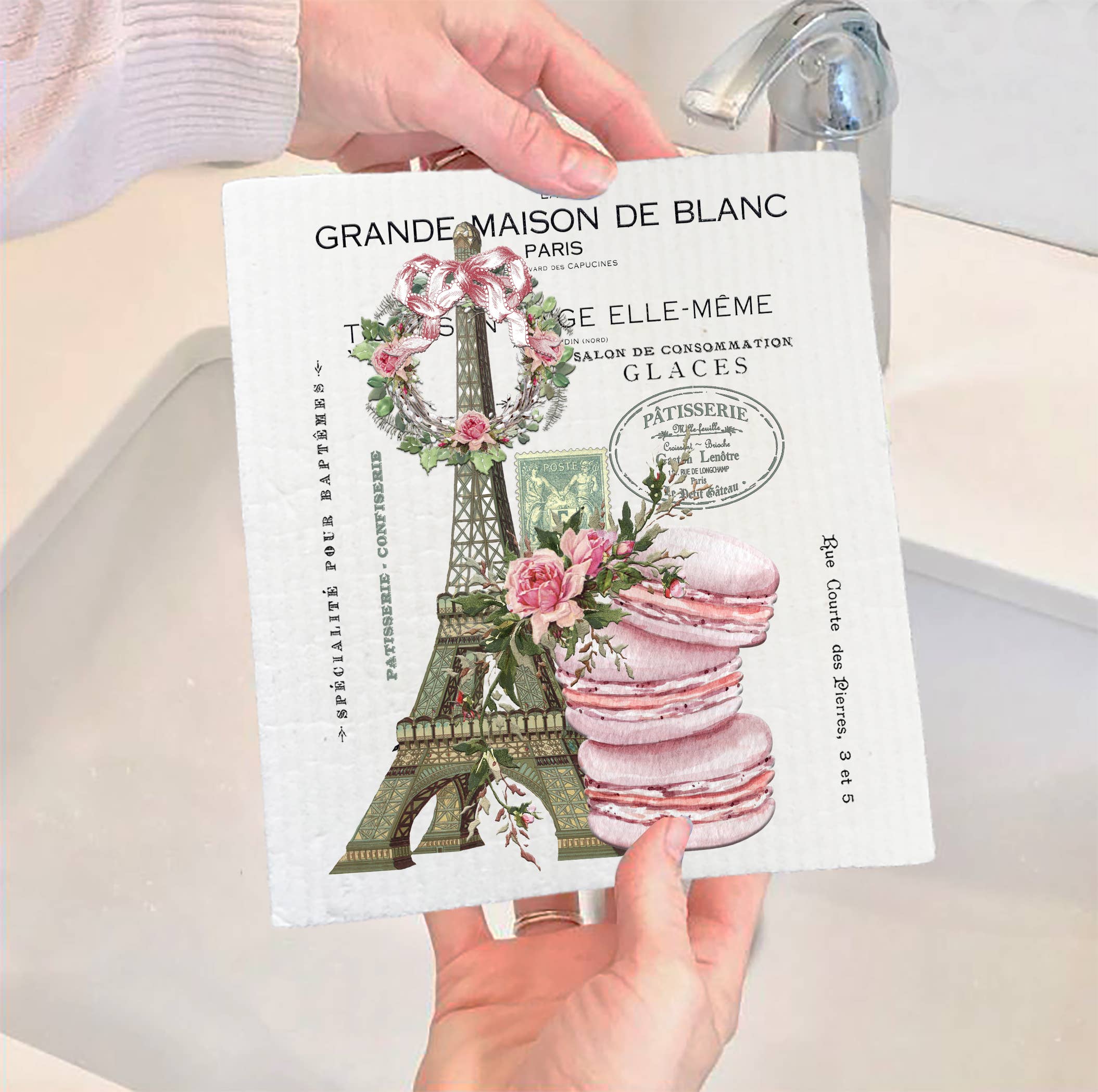 Avery Lane Gifts – wholesale Dishcloth – Vintage Paris France Pink Macarons Swedish Dish Cloth