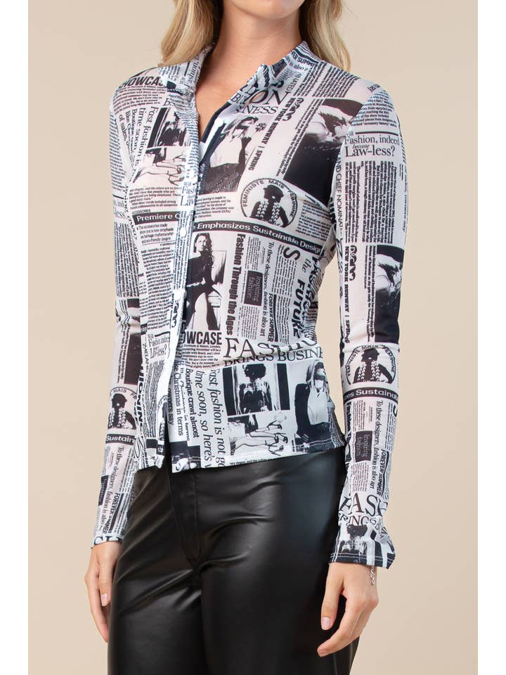 T1489-5944-Hera Newspaper Print Mesh Button Top for wholesale on Faire