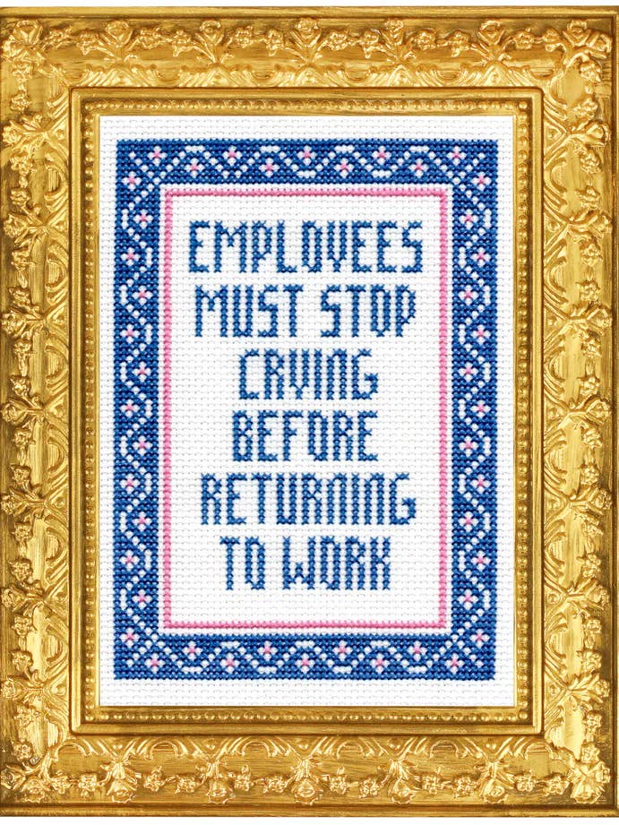 Employees Must Stop Crying Deluxe Cross Stitch Kit for wholesale by Subversive Cross Stitch