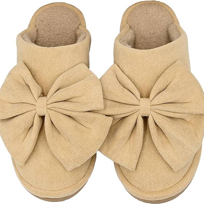 Funky Junque - Wholesale Slippers - Women's - Plush Slippers - Oversized Bow - Dark Beige
