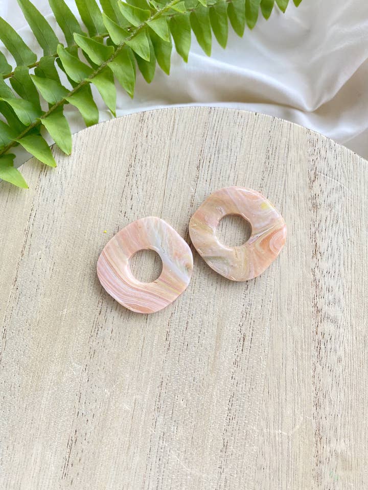 Orange Marble Organic Circle Studs, Polymer Clay Earrings for wholesale by Glitter and Glow Co