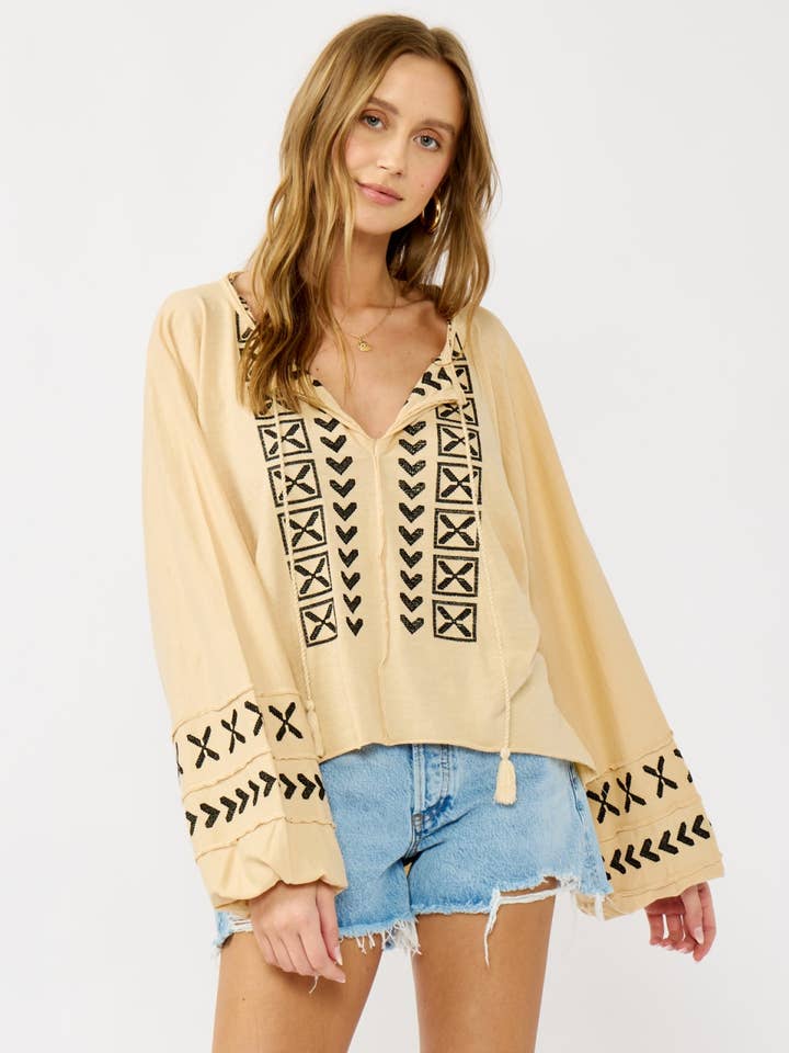 Embroidered Dolman Sleeve Split Neck Knit Top for wholesale by Lovestitch