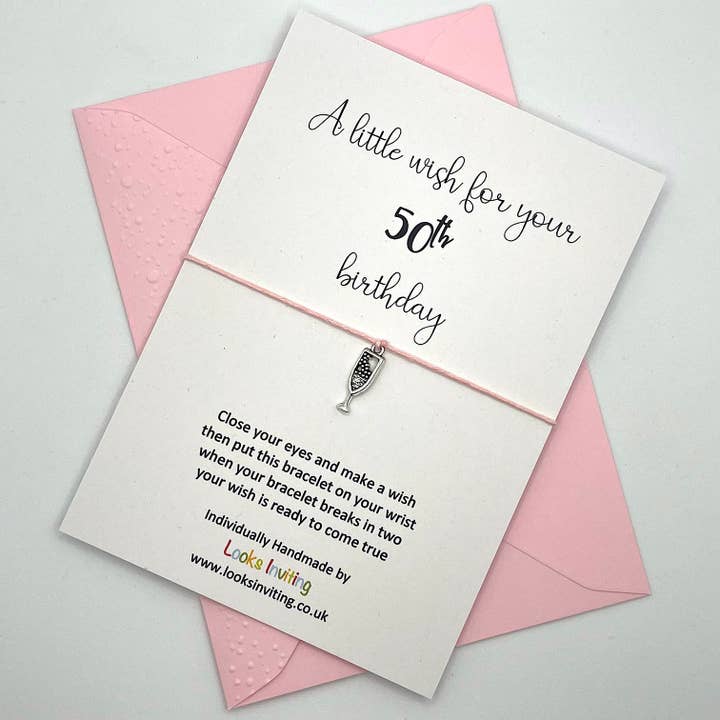 50th Birthday Wish Bracelet. Choose your charm and colour for wholesale by Looks Inviting