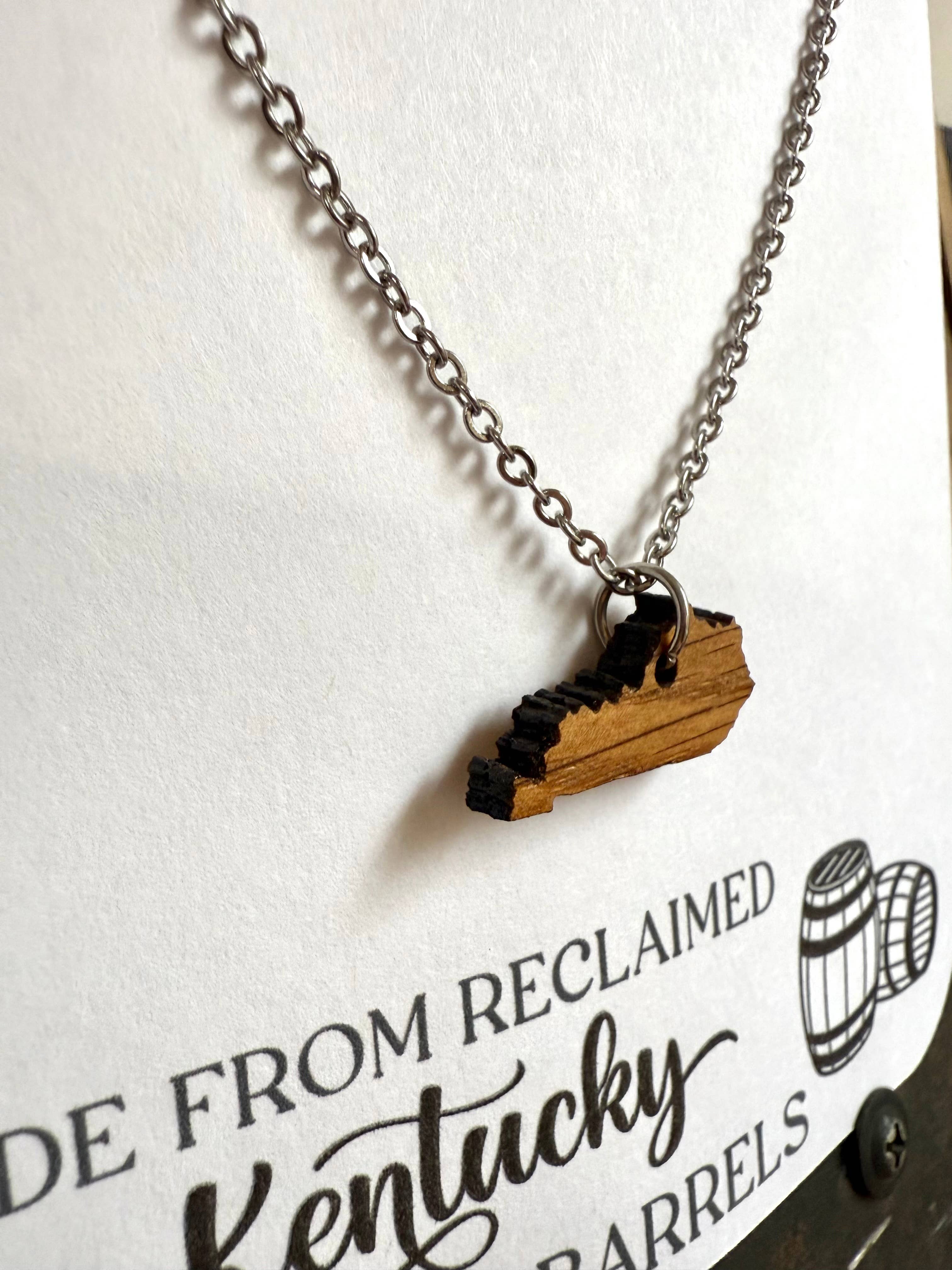 Brown Wood Kentucky Necklace made from Kentucky Bourbon Barrels. for wholesale on Faire2