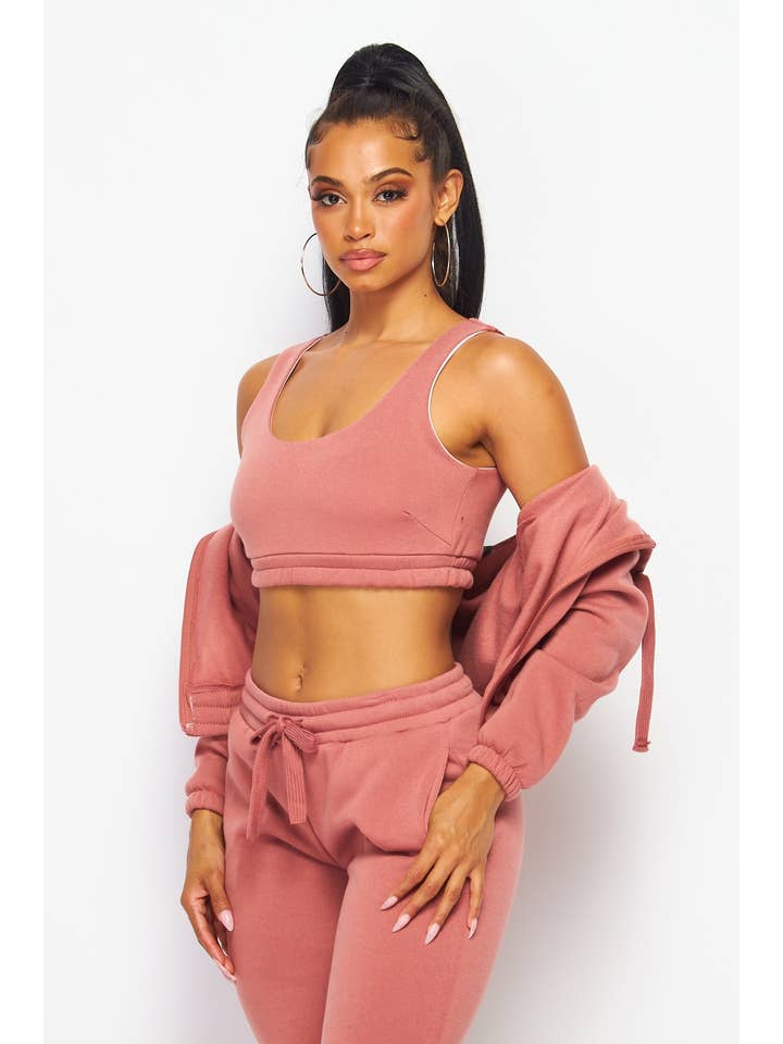 ROSE PINK 2BFREE FLEECE 3 PC ZIP UP SWEATSUIT for wholesale on Faire