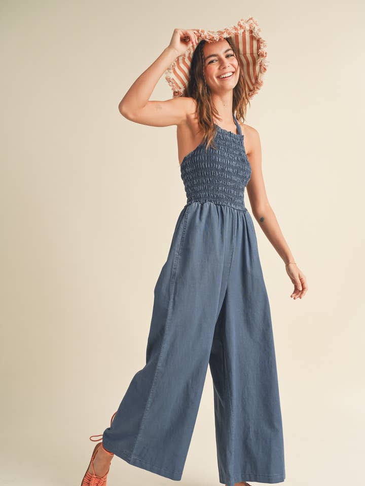 MIOU MUSE - Wholesale Jumpsuit - Women's - JU3394 DYE & WASH VISCOSE SMOCKED ON TOP