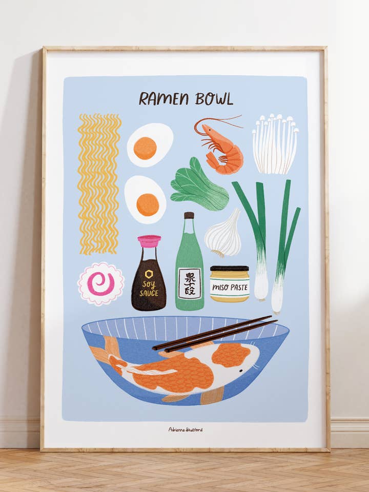 Ramen Bowl Art Print | Recipe Print | Kitchen Wall Art for wholesale by Adrienne Shelford
