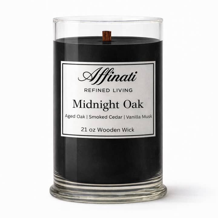 Vela con mecha de madera Midnight Oak – Lujo 21 oz mezcla de soja | Affinati para venta al por mayor de Affinati