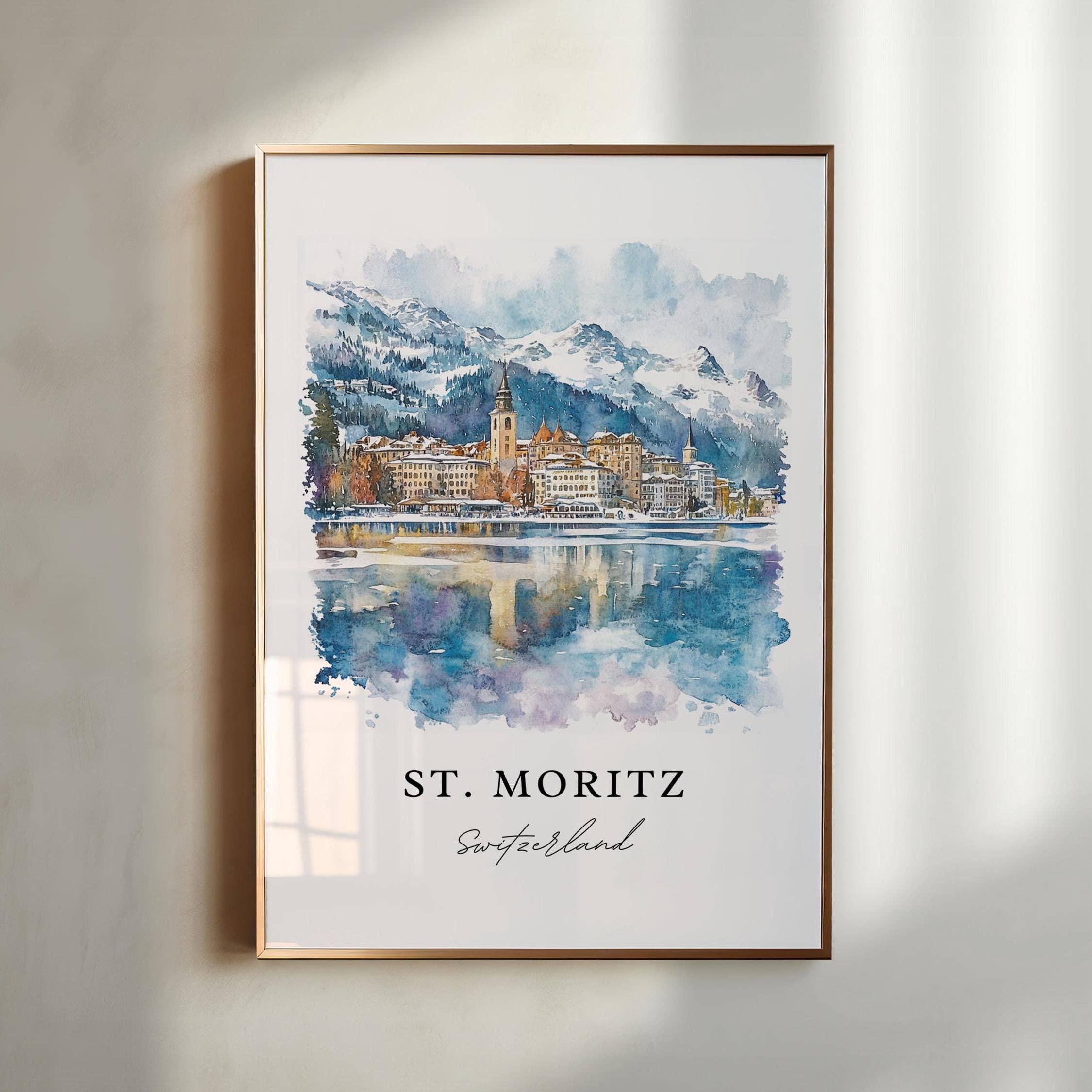 Premium Travel Art - Vente Affiche d'art - Art mural de St. Moritz, Impression de St. Moritz, Art aquarelle de Saint Moritz, Cadeau de la vallée de l'Engadine,0