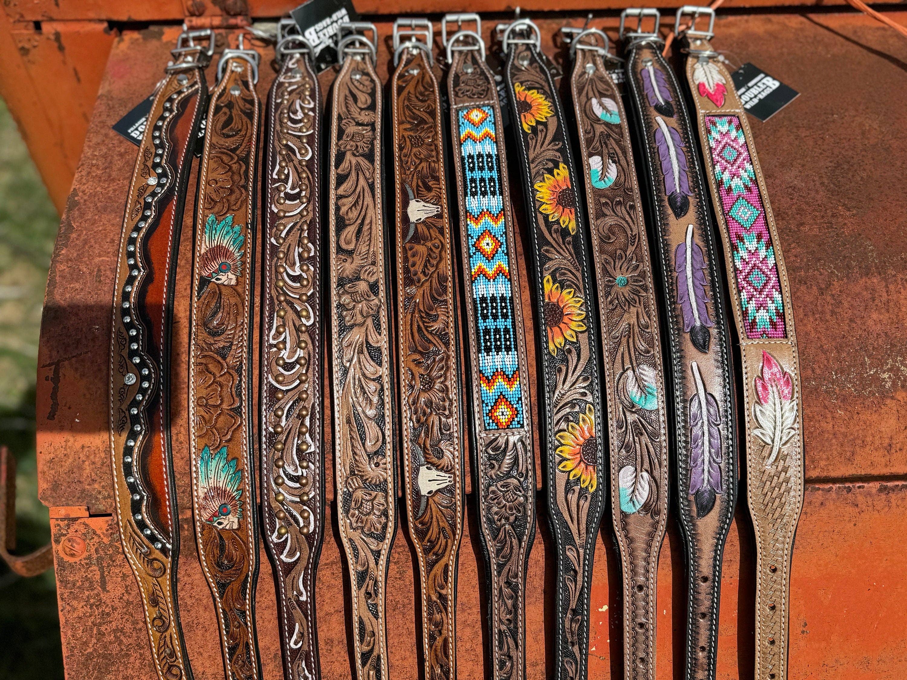 Double B Wild Rags - Wholesale Pet Collar - Dog - Western leather dog collar tooled or beaded details skull sunflower feather rhinestone by Double B Wild Rags5