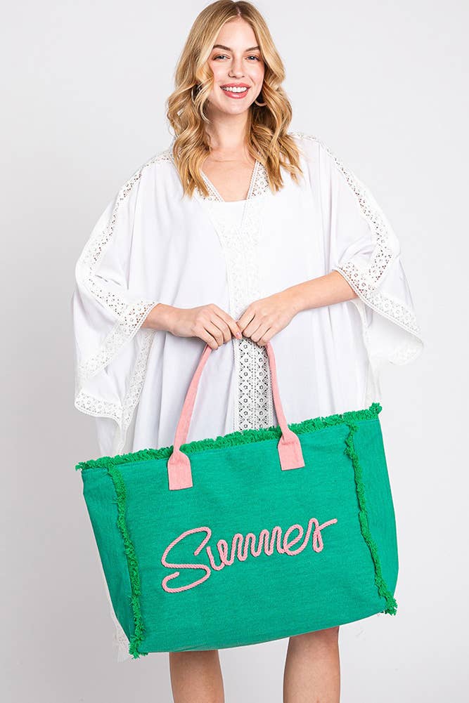 Hana – Saco de praia por atacado – Bolsa de lona amarela com franjas, corda costurada e palavra 'Summer'7