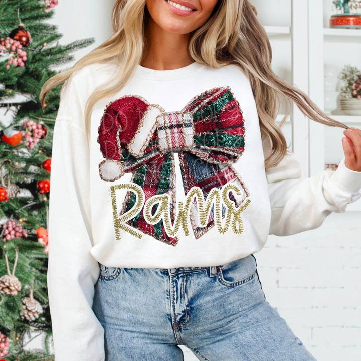 Rams Christmas Bow Mascot DTF Transfer | Trendy School Spirit DTF Transfer | High Quality Image Transfers | Ready to Press | Instant Peel for wholesale by Red Dirt Transfers