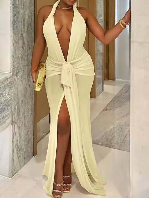 Deep V-Neck Halter Ruched Front Tie Dress(C) for wholesale by BELLISSIMA FASHION