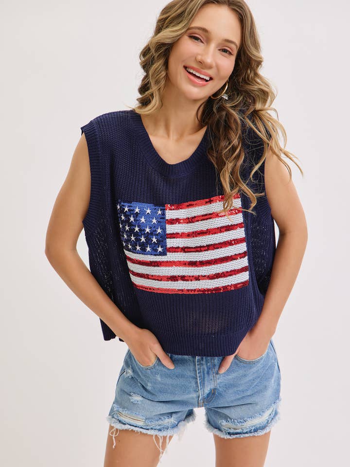 STAR AND STRIPES AMERICAN FLAG KNIT TOP IN SEQUIN for wholesale by Sweet Lovely by Jen