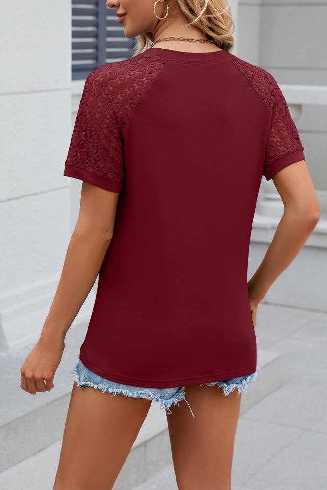 Comely Fashion - Wholesale Blouse - Women's - Solid Color Lace Sleeves Crew Neck T-shirt11