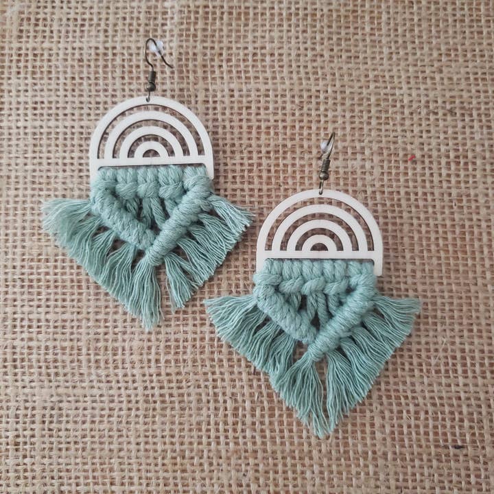 Macrame earrings with wooden piece for wholesale by Made By Tatica