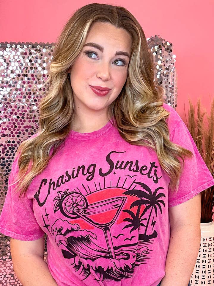 Chasing Sunsets Scene Mineral Washed Pink Graphic Shirt for wholesale by Sugar Stitch