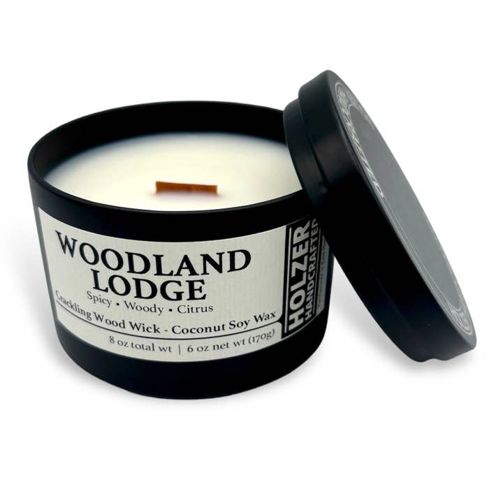 Wood Wick Candle Woodland Lodge - Brandy + Leather + Oak Scented | Natural | Hand-poured Coconut Soy Wax | 6 oz Modern Black Tin with Lid | Handmade | Non-toxic Phthalate-free Luxury Fragrance for wholesale by Holzer Handcrafted ®