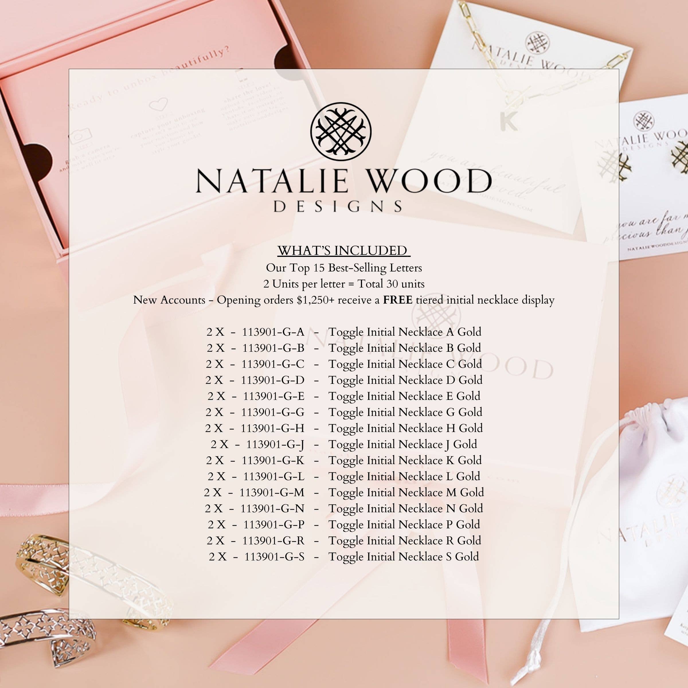 Natalie Wood Designs - Wholesale Pendant/Charm Necklace - Toggle Initial Necklace Pre-Pack, Gold3