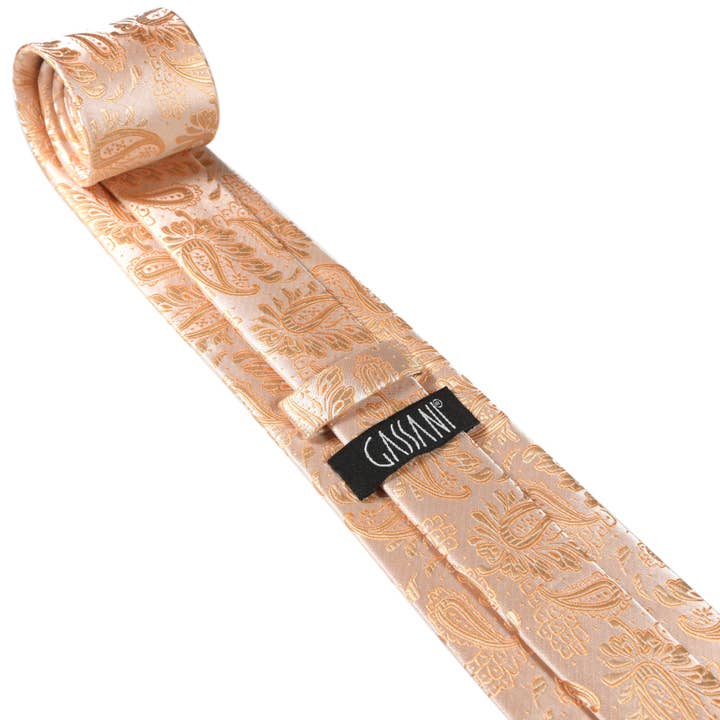 GASSANI – wholesale Slipsar – Herr – GASSANI 3-SET SLIPS SET, CHAMPAGNE APRIKOS SMAL HERR PAISLEY SLIPS, 7CM TUNN JACQUARD BRÖLLOP SLIPS NÄSDUK MANSCHETTKNAPPAR4