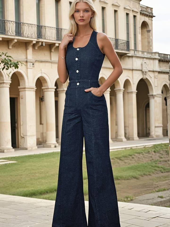 SLEEVELESS WIDE LEG BUTTON UP DENIM JUMPSUIT 4484 for wholesale by WISTERIA LANE