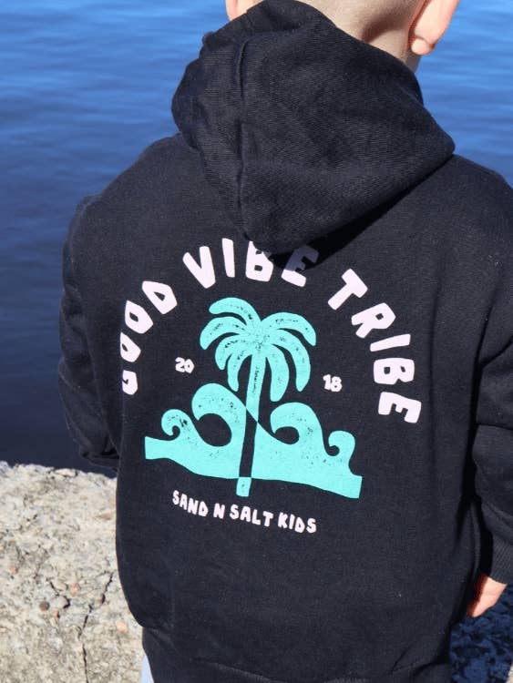 Good Vibe Tribe Black Kids Hooded Jumper for wholesale by SAND N SALT KIDS