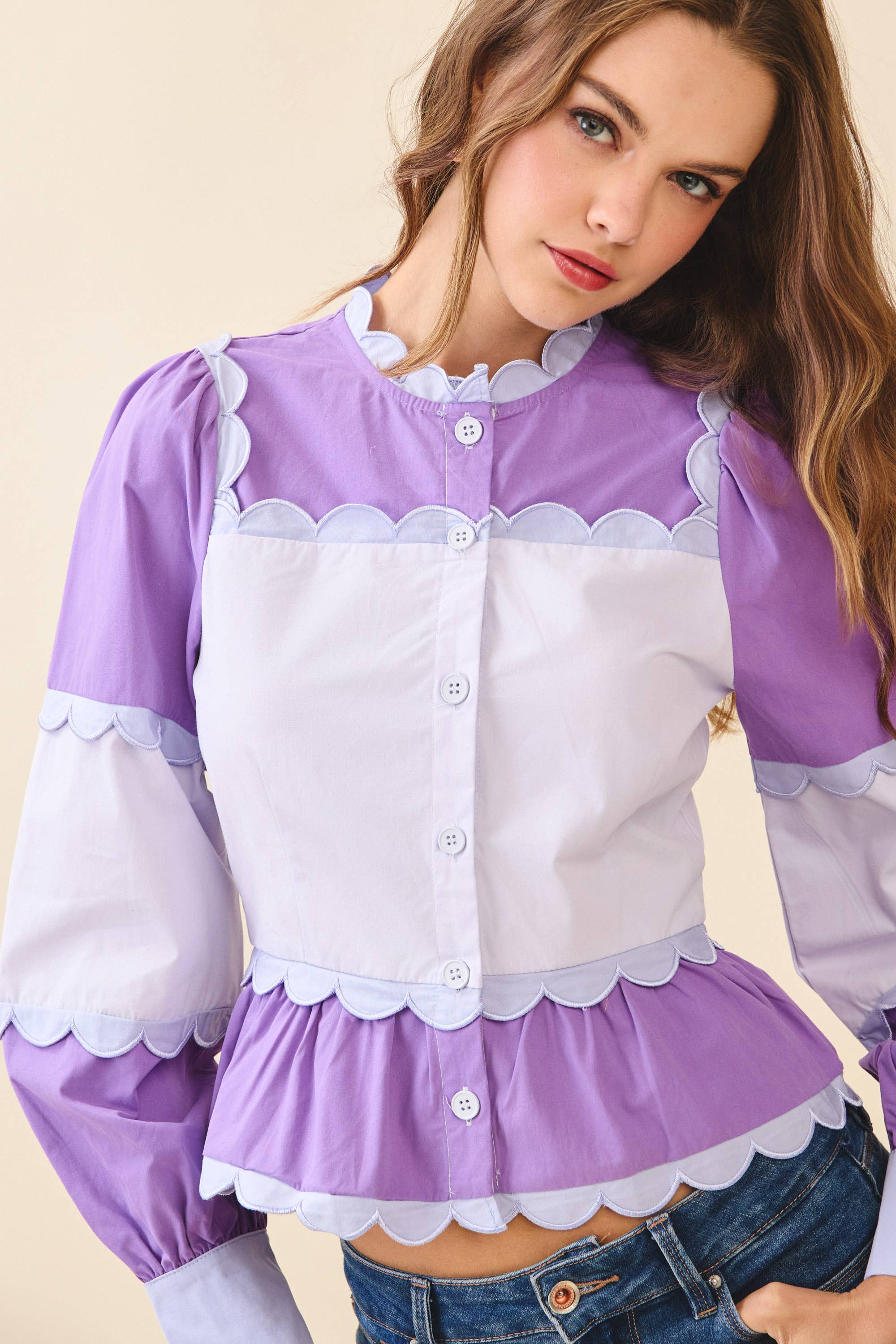 TCEC - Wholesale Button Down Shirt - Women's - CT9030S-Color Block Scalloped Detail Peplum Top7