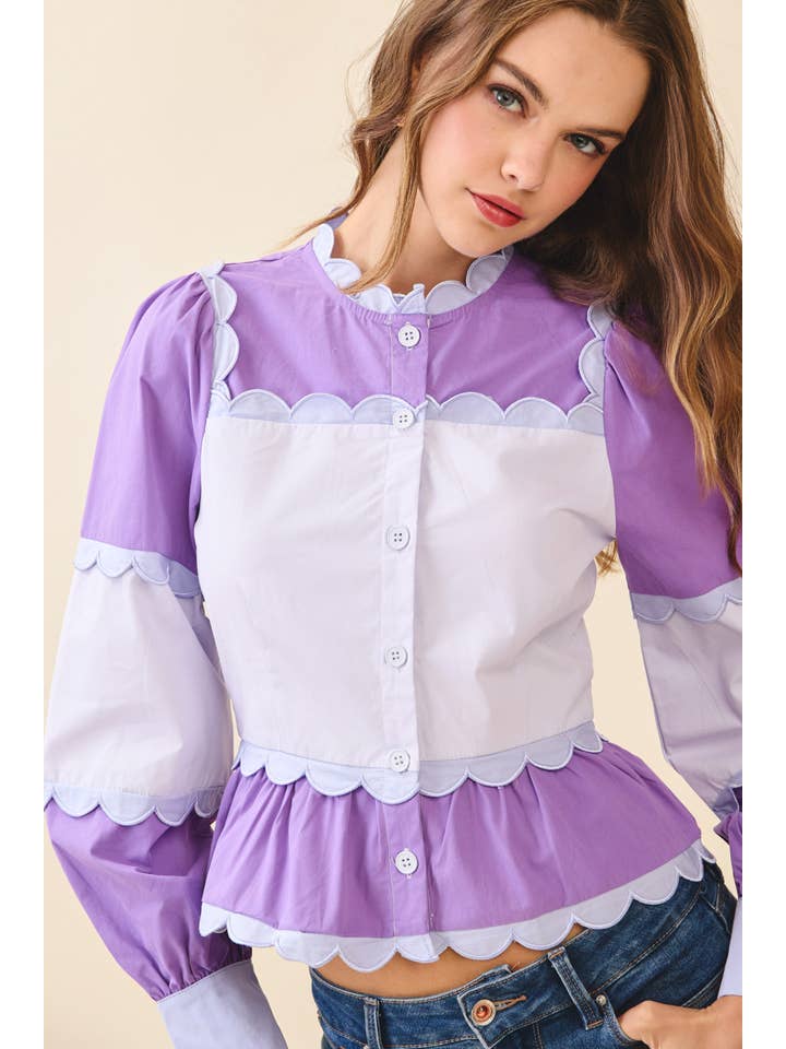 TCEC - Wholesale Button Down Shirt - Women's - CT9030S-Color Block Scalloped Detail Peplum Top7