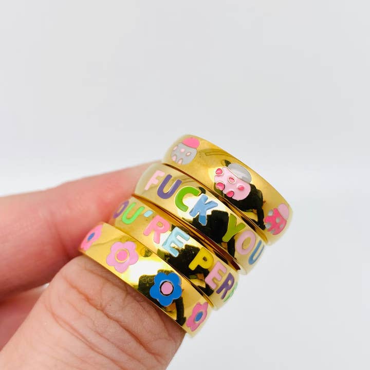Mio Queena - Wholesale Cocktail/Statement Ring - "Fuck You" Colored Enamel 18K Gold Plated Ring - FGS