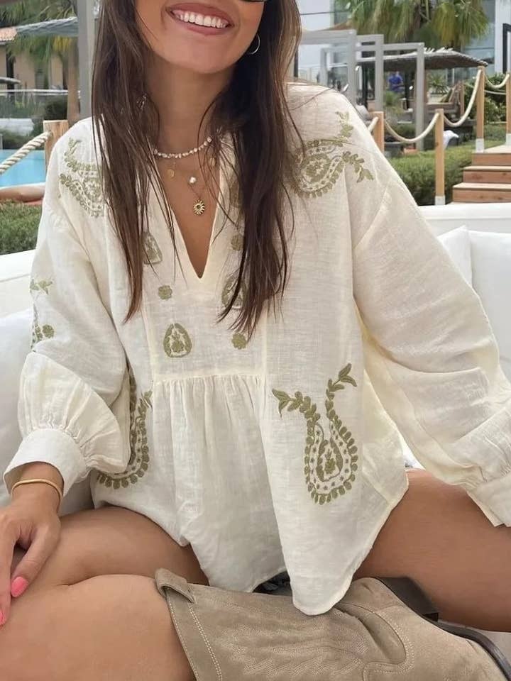 Rosa Clothing - Wholesale Blouse - Women's - Botanical Embroidery balloon sleeve blouse