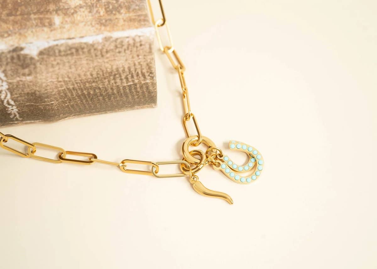 WJW - Wholesale Individuele bedel/hanger - 18K Goud PVD Roestvrij Staal Turkoois Steen Hoefijzer Bedel1