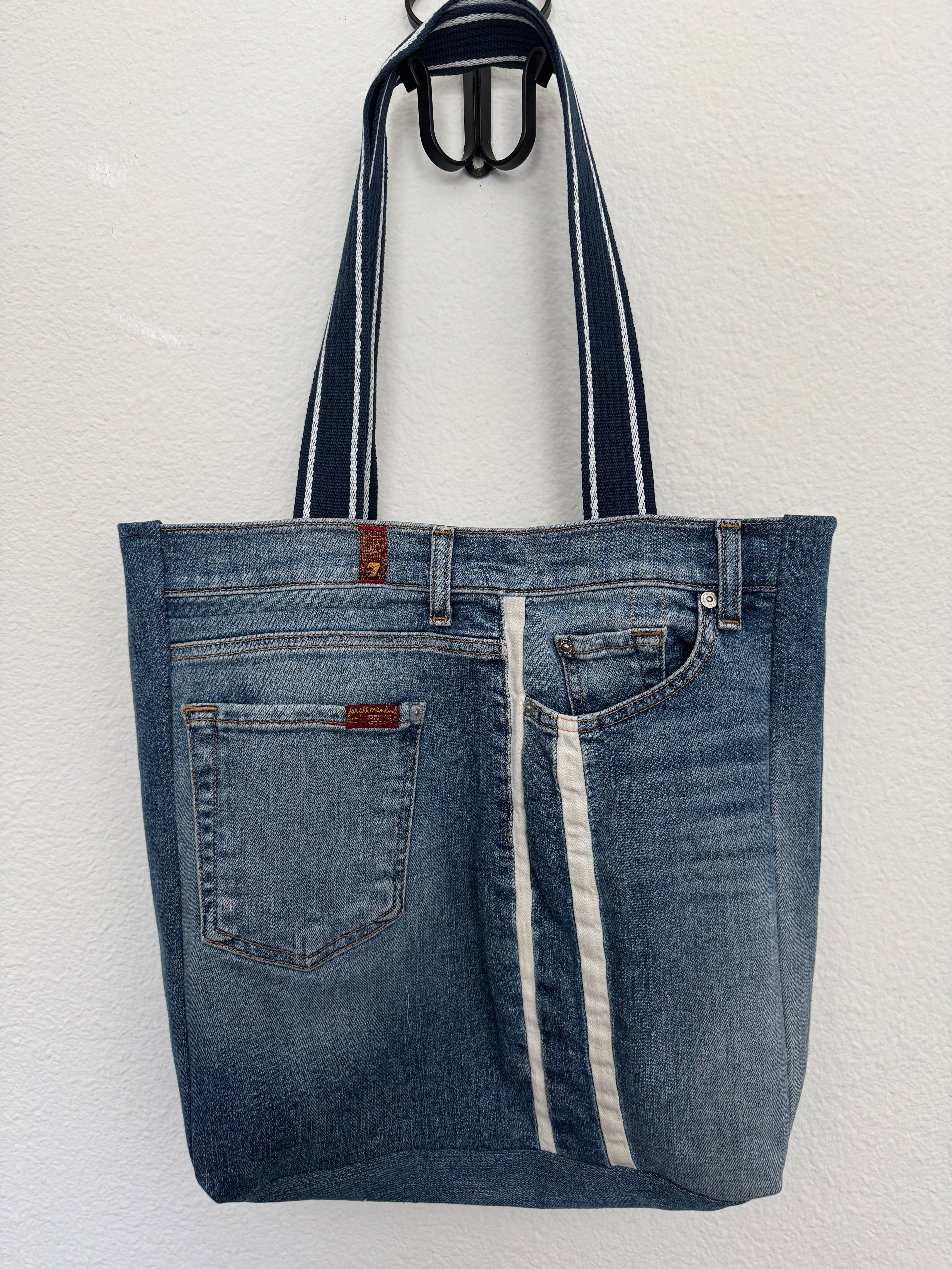 Indigo Bags - Wholesale Tote Bag - Women's - 7FAM Upcycled Premium Denim Tote Bag w/ stripe - blue dot3