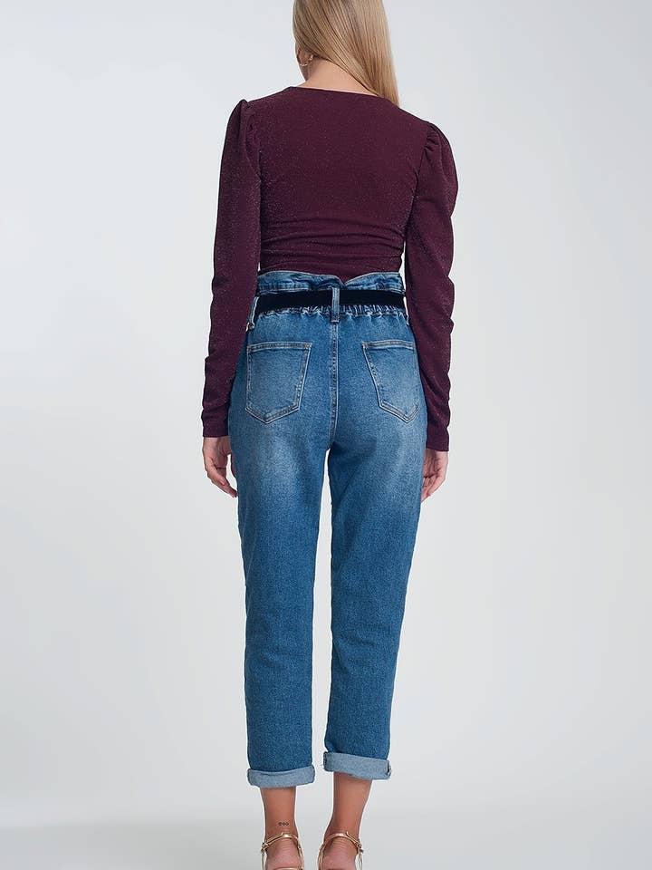 Paper bag waist mom jean in dark wash blue for wholesale on Faire
