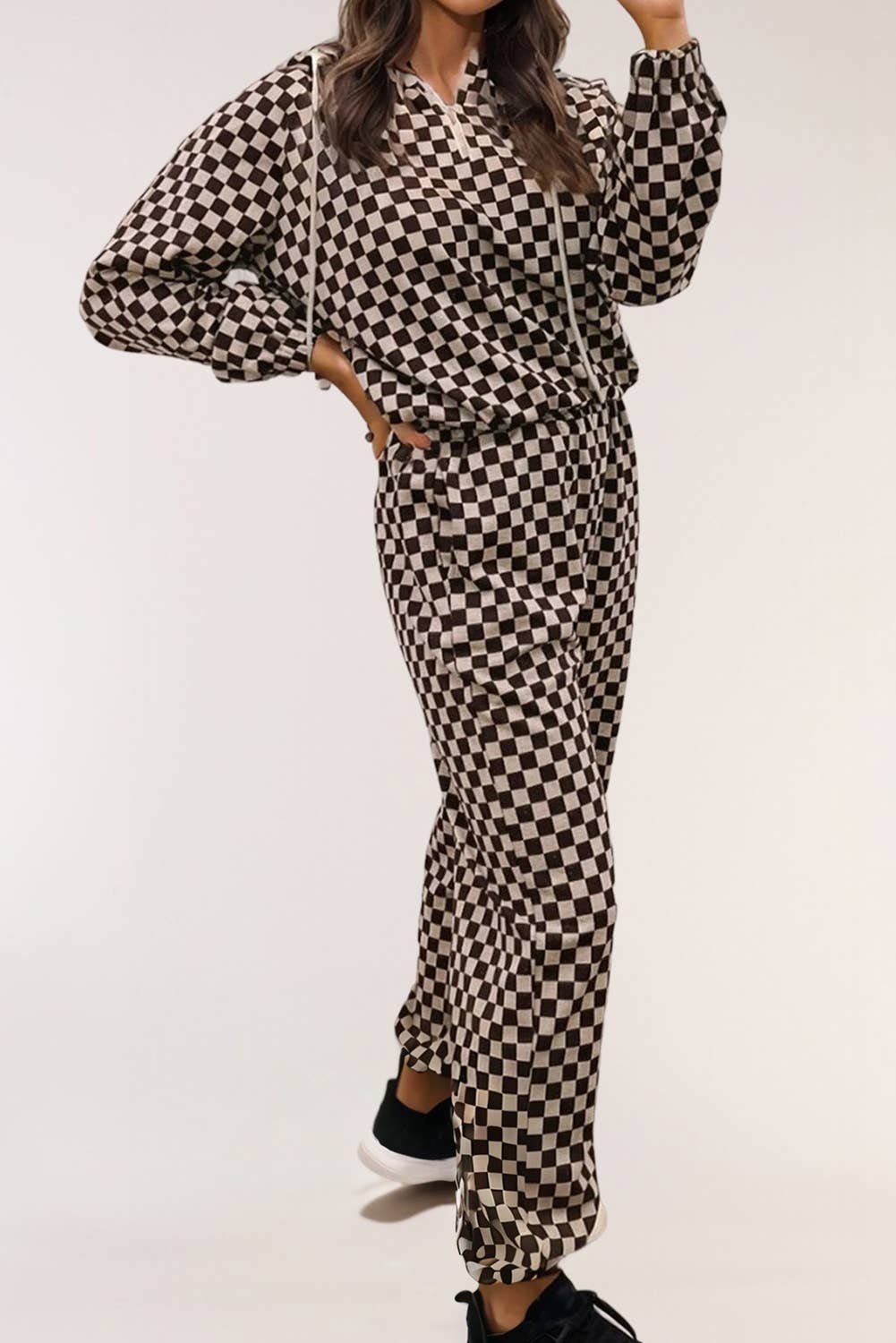 Black Athleisure Checkered Zipped Pullover and Jogger Pants Set for wholesale on Faire1