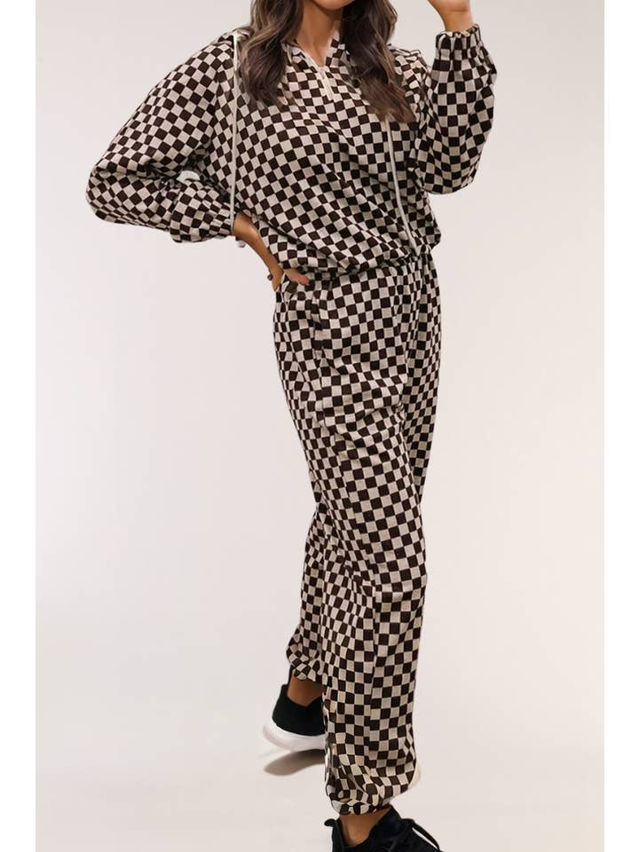Black Athleisure Checkered Zipped Pullover and Jogger Pants Set for wholesale on Faire1