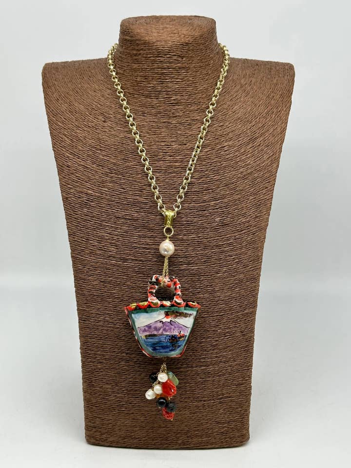 Sicilian Coffee necklace decorated with Vulcano Etna Ceramica di Caltagirone for wholesale by DD Ceramiche Siciliane