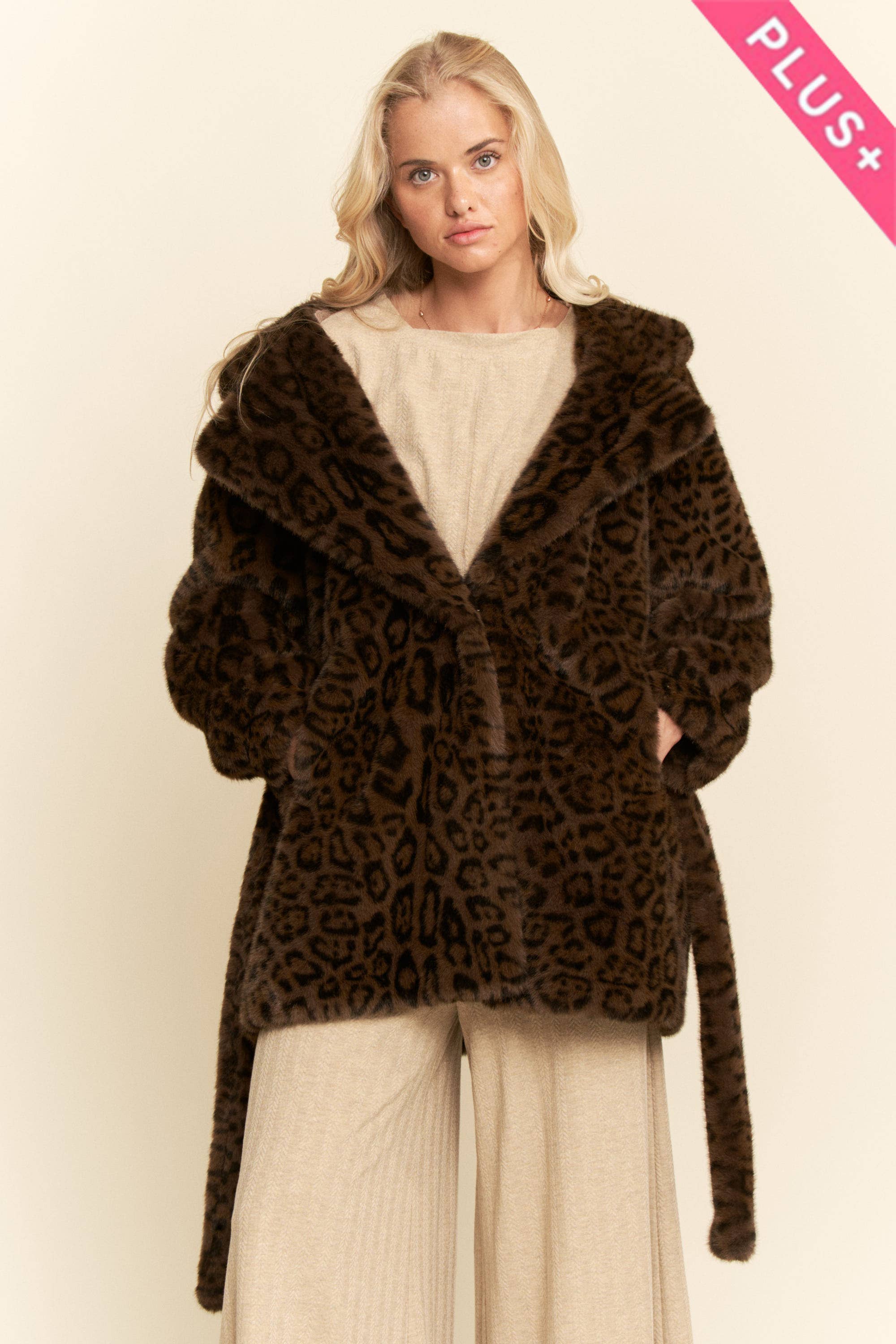 Mørkebrun PLUS FAUX PELS LEOPARDMØNSTRET JAKKE MED HÆTTE for engroshandel på Faire1