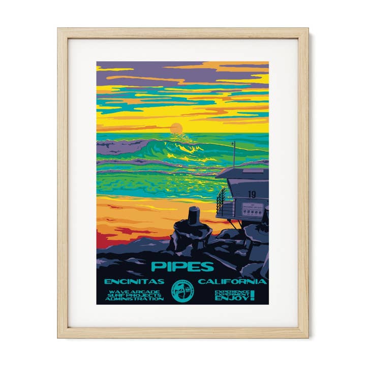 Pipes WPA Surf Poster | Vintage Encinitas Art Print for wholesale by WAVE ARCADE