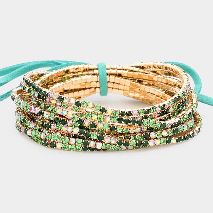 Sensibling Corp. - Wholesale Tennis Bracelet - 12PCS - Ribbon Colorful Rhinestone Layered Stretch Bracelets