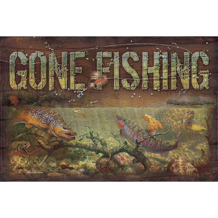 Gone Fishing 8"x12" Wood Sign for wholesale by Art Brand Studios